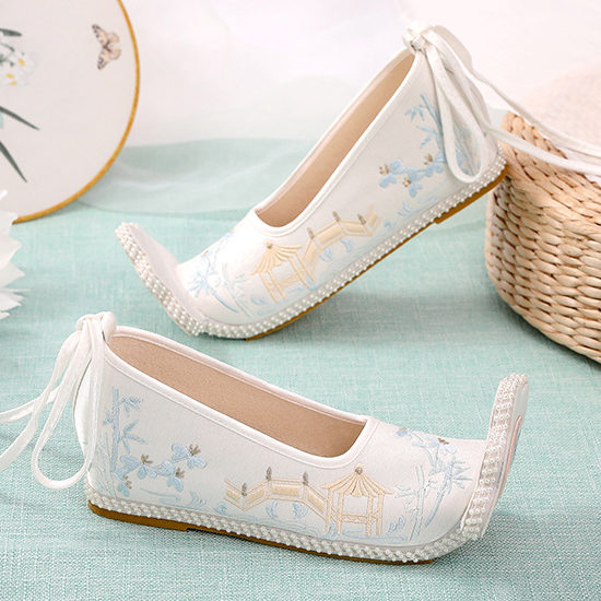 春季新款汉服鞋翘头系带古装鞋民族风绣花鞋汉元素女款绣花鞋女鞋