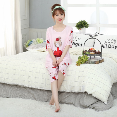 睡衣女夏季薄款短袖七分裤人棉绸睡衣 可爱卡通女士家居服
