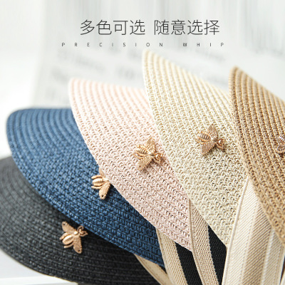  帽子女韩版小蜜蜂发箍太阳帽草编空顶鸭舌帽夏天防晒遮阳帽沙滩帽
